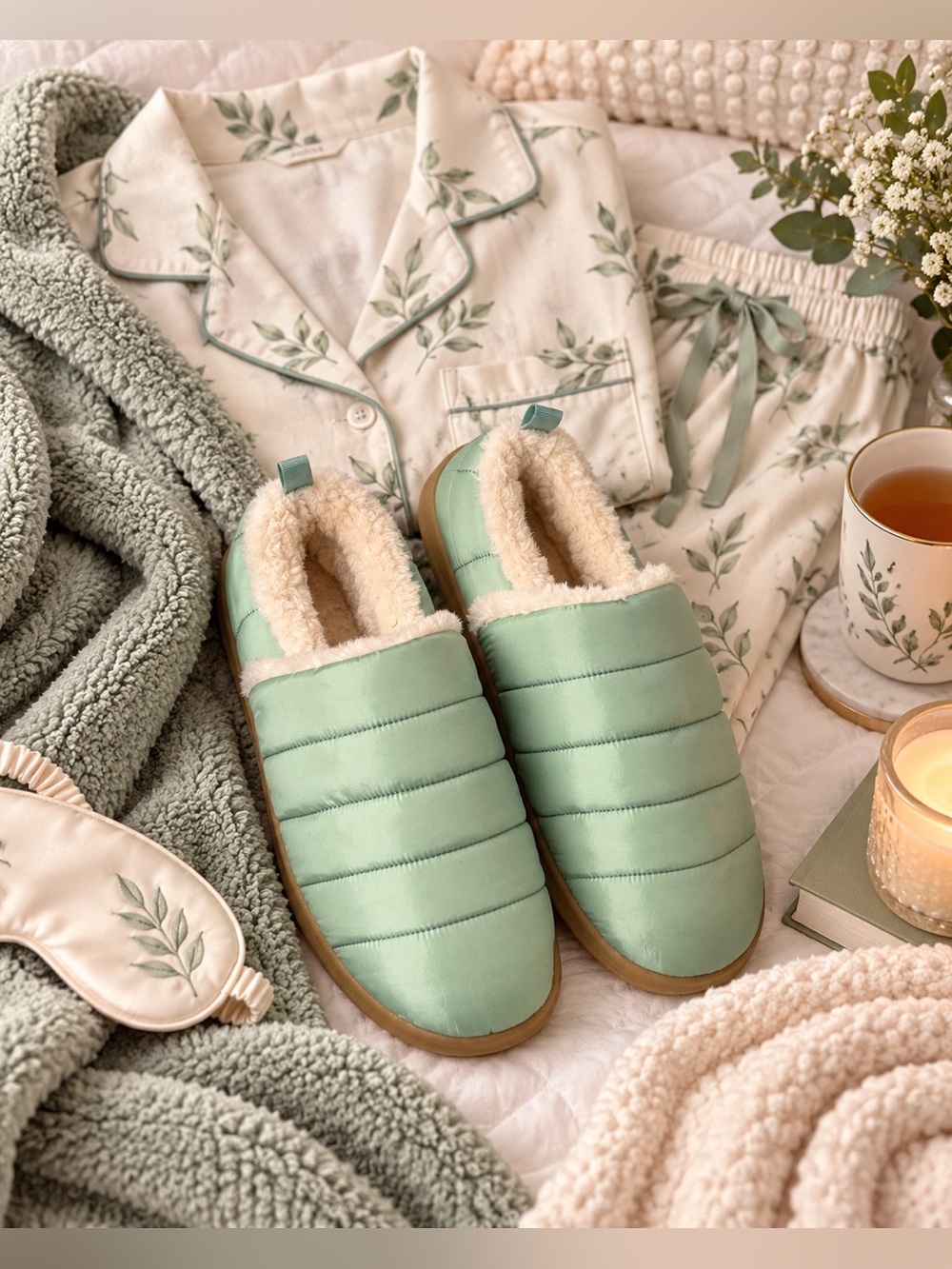 Vionic Tranquil Seafoam Puffer Faux Fur Slippers